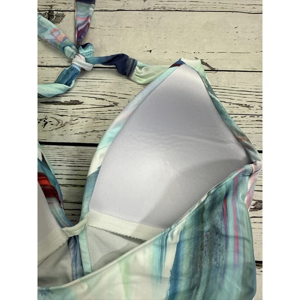 Mynah Womens One Piece Swimsuit Multicolor Abstract Plunge Halter Medium 5351